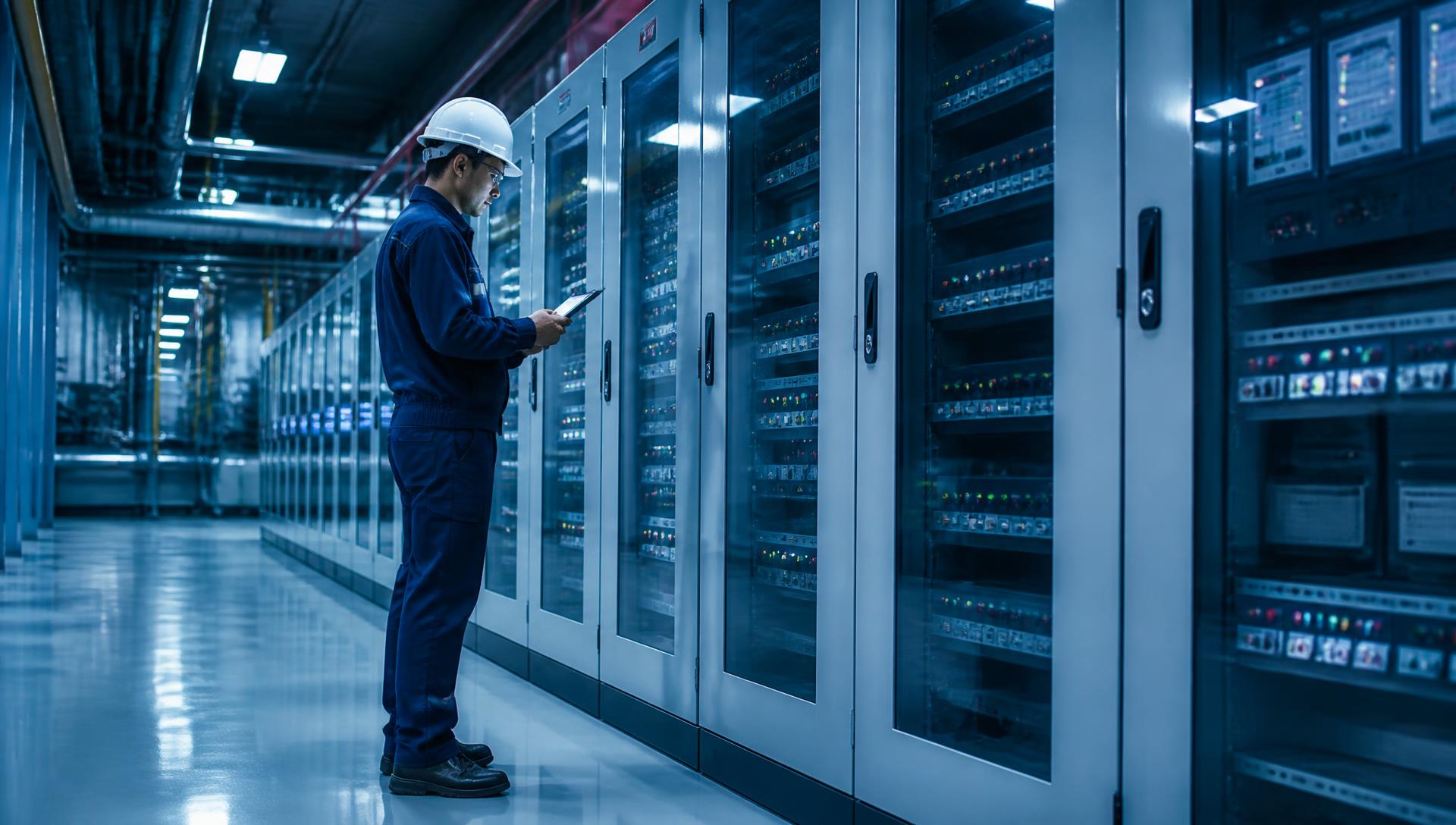Engenheiro inspecionando painéis de automação industrial